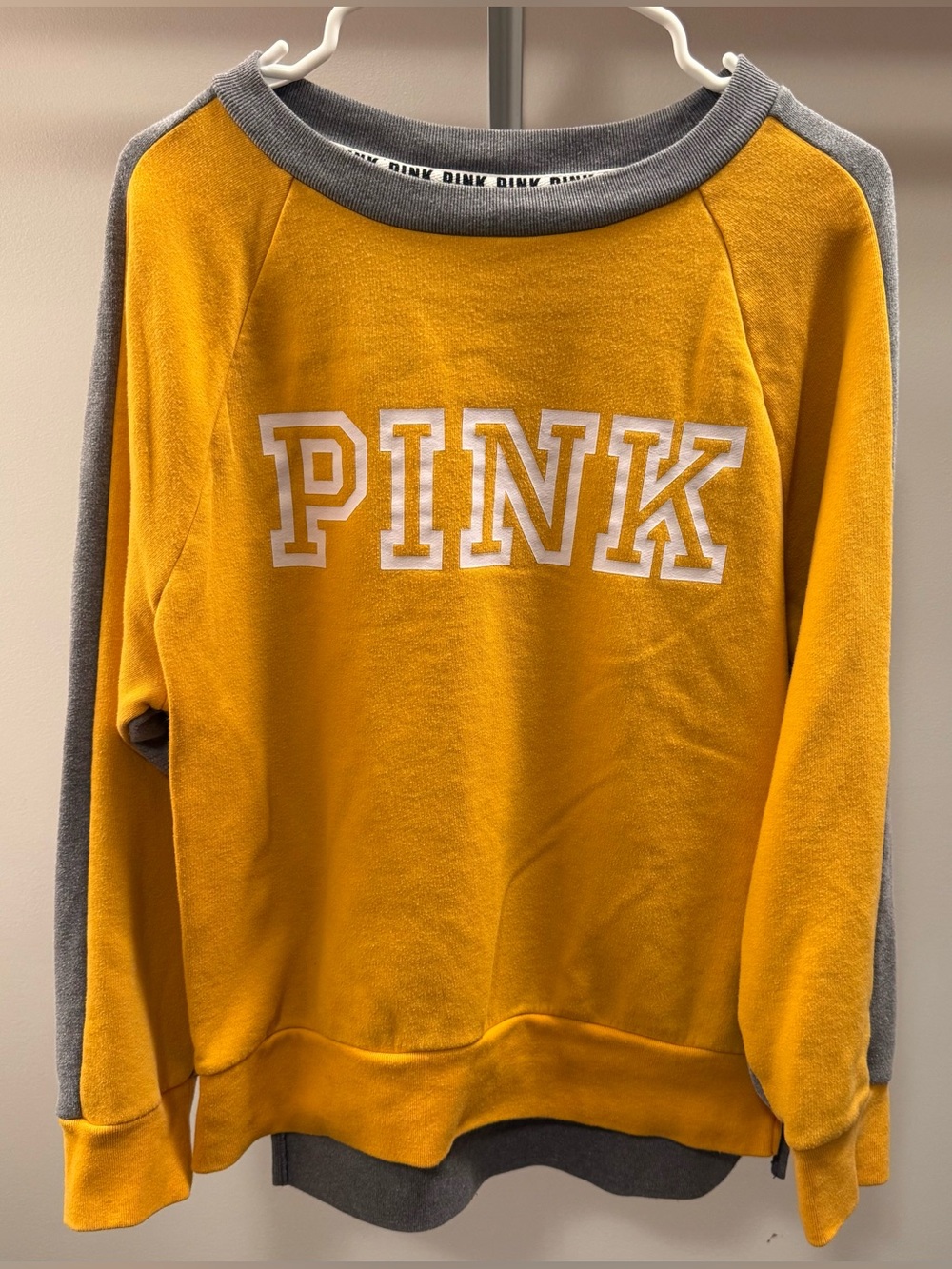 PINK Victoria's Secret Mustard Yellow and Gray Crewneck Sweatshirt